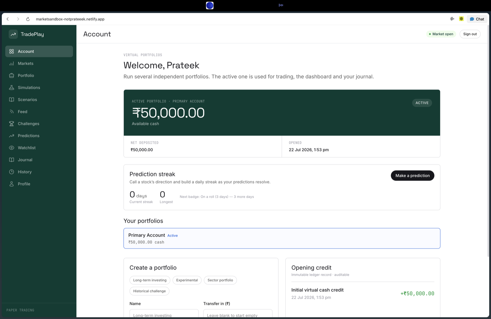 Account with virtual portfolios