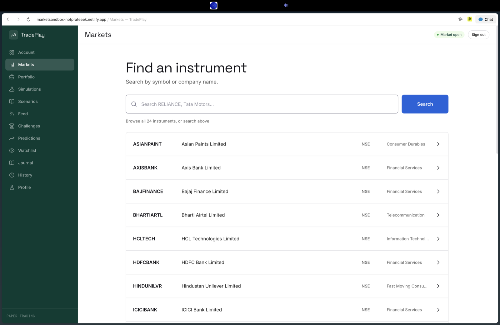 Instrument search across the NSE universe