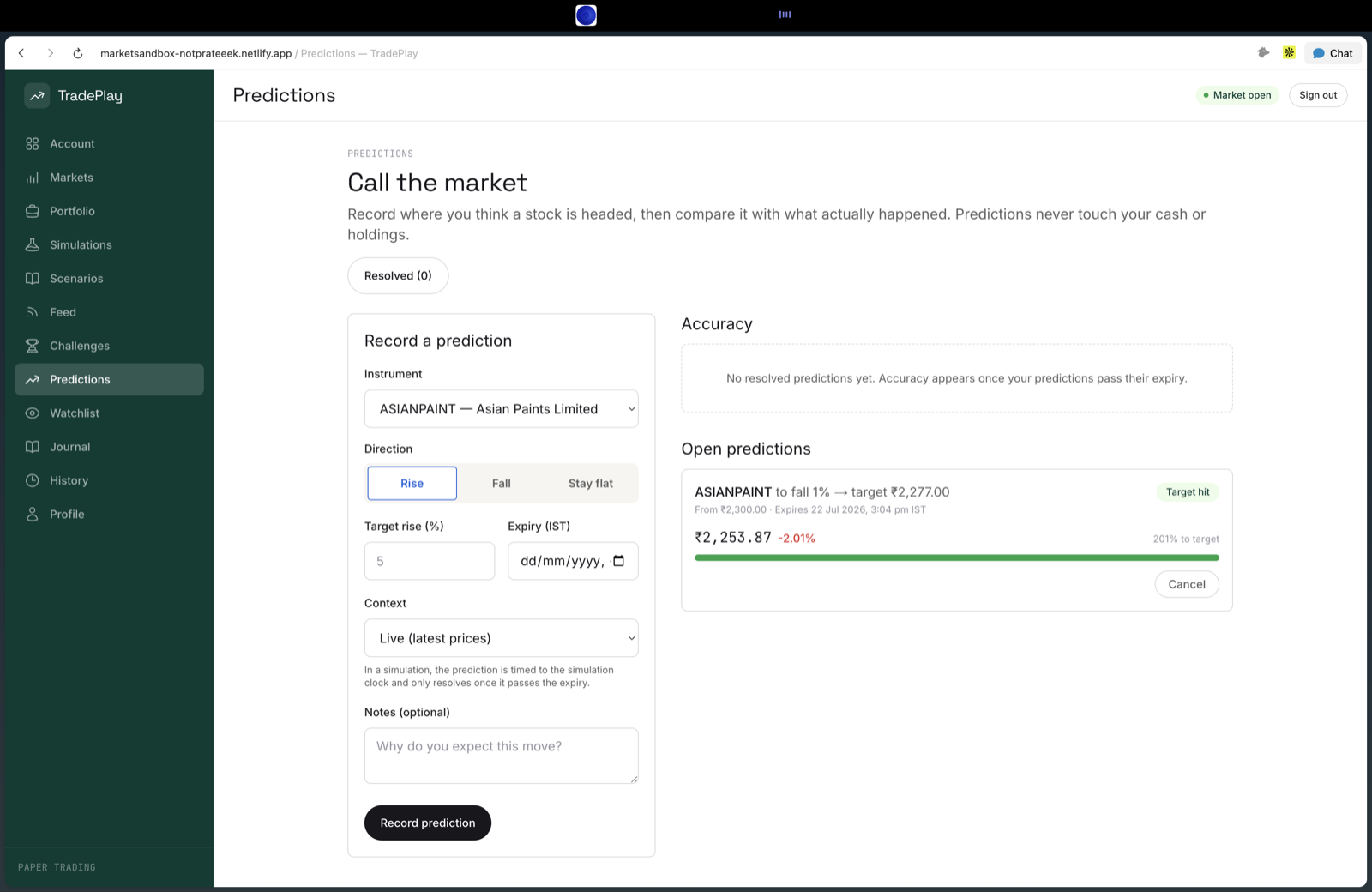 Predictions — call a stock's direction and track accuracy