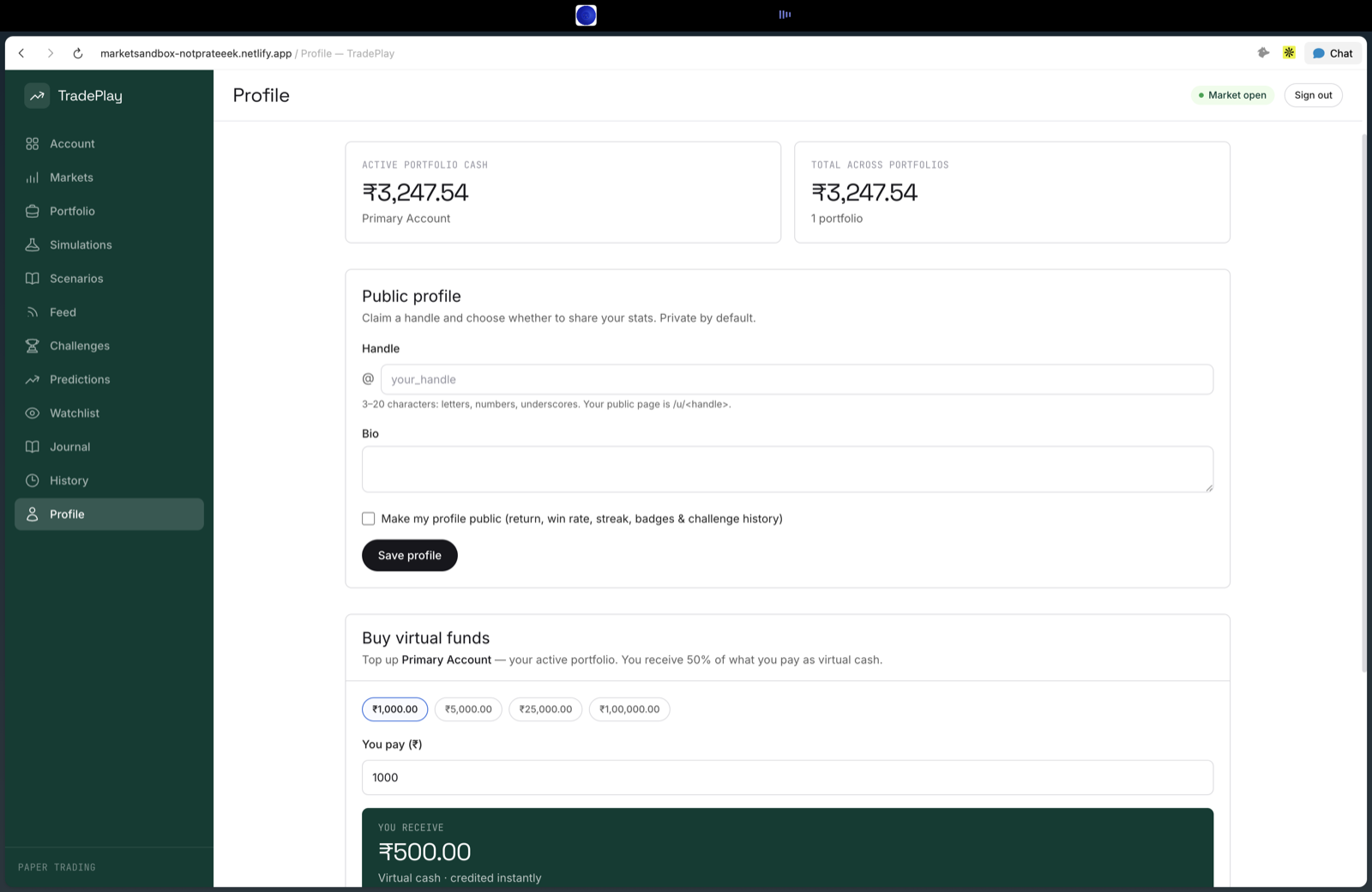 Public profile and virtual fund top-ups